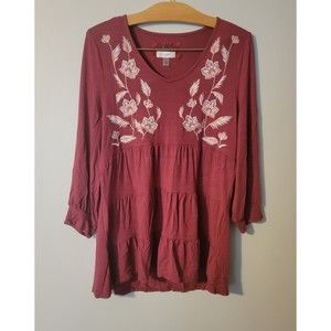 Cupio Burgundy Embroidered 3/4 Sleeve Tunic Top Size M